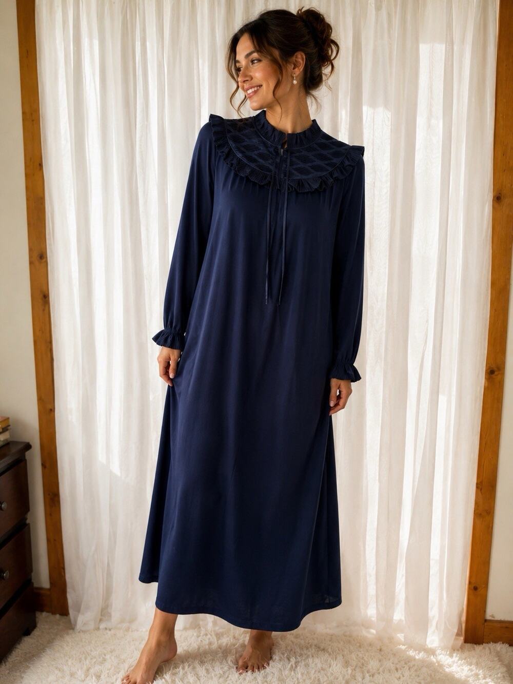 Vintage Navy Rich Navy Blue Romantic Cottagecore Sleepwear Ruffle Yoke JCP Sz M